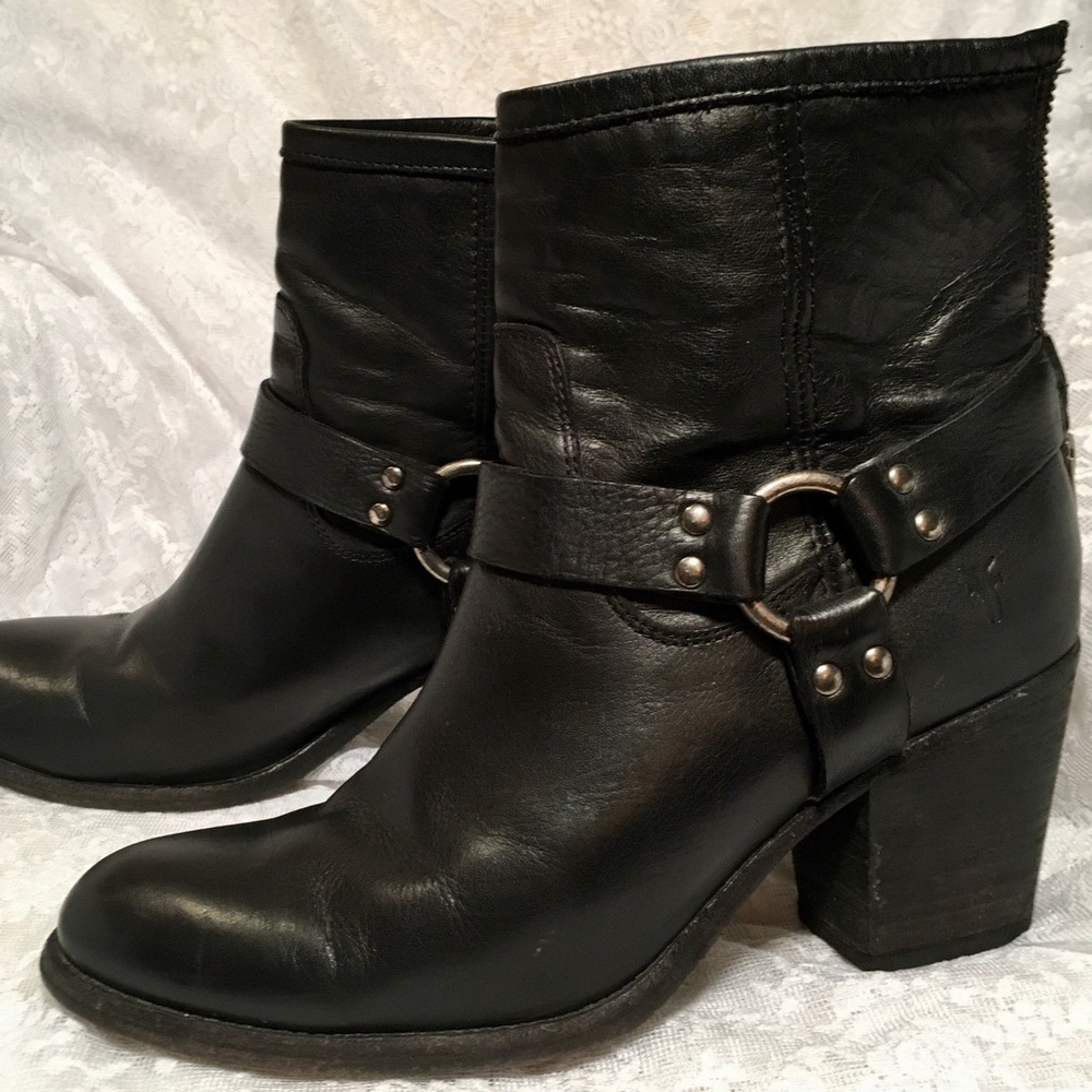 Frye Harness Booties, 10B. Heeled black leather booties, moto style.